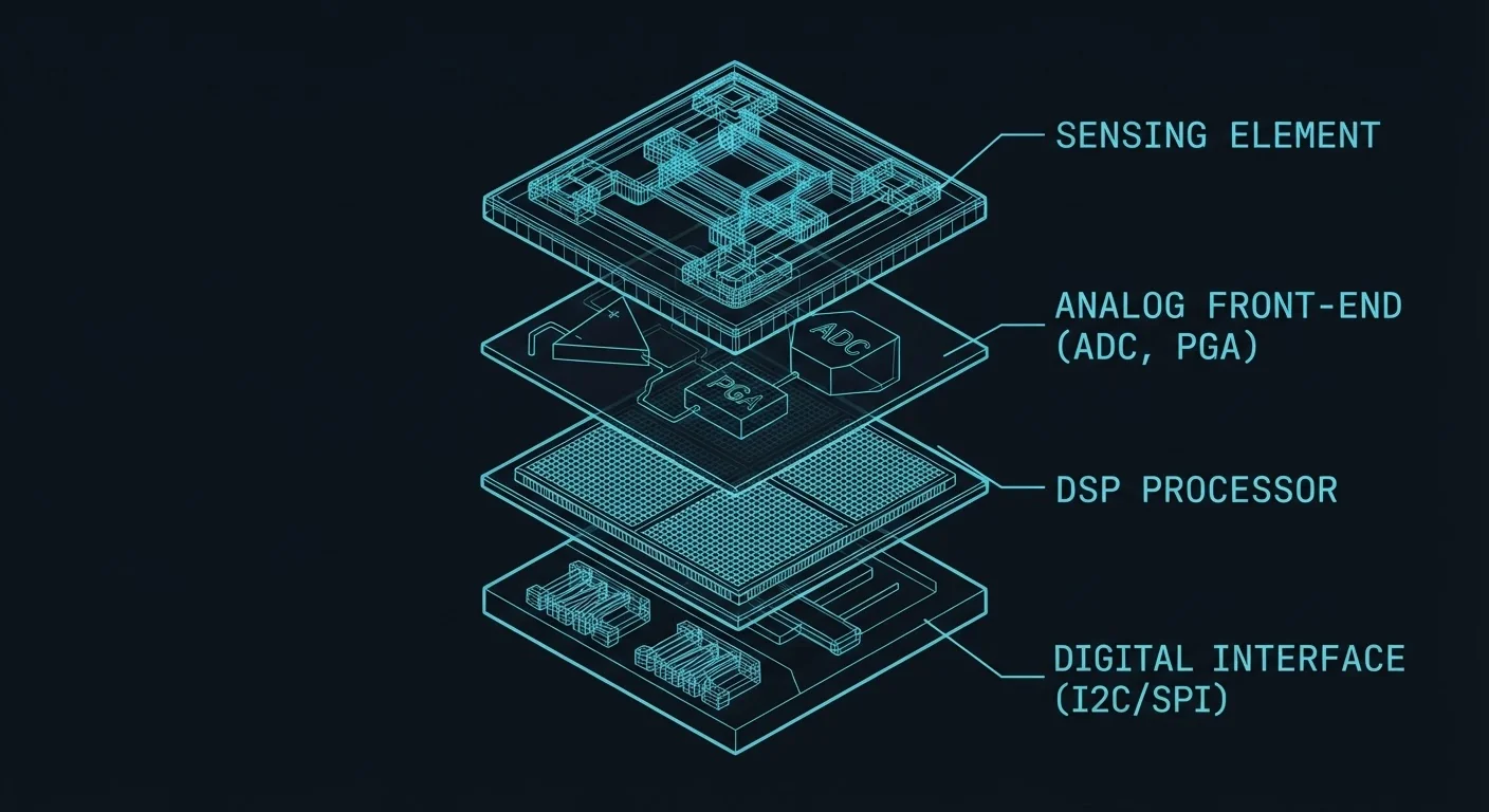 Cutaway diagram showing EMS sensor internal architecture with analog front-end, DSP, and calibration subsystem